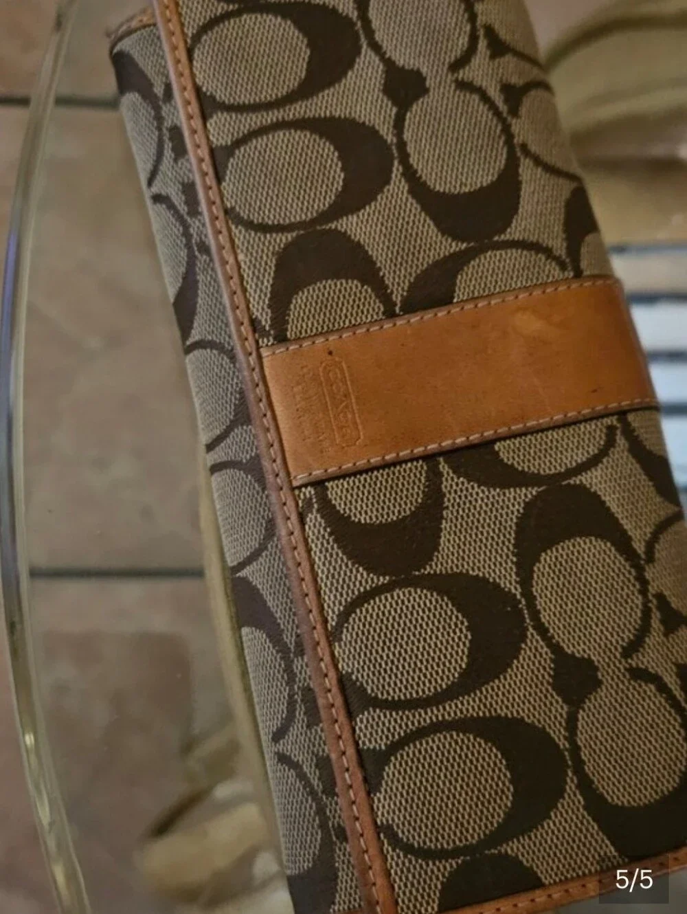 Coach Signature C Canvas Tan Genuine Leather Stripe Full-size Snap Wallet